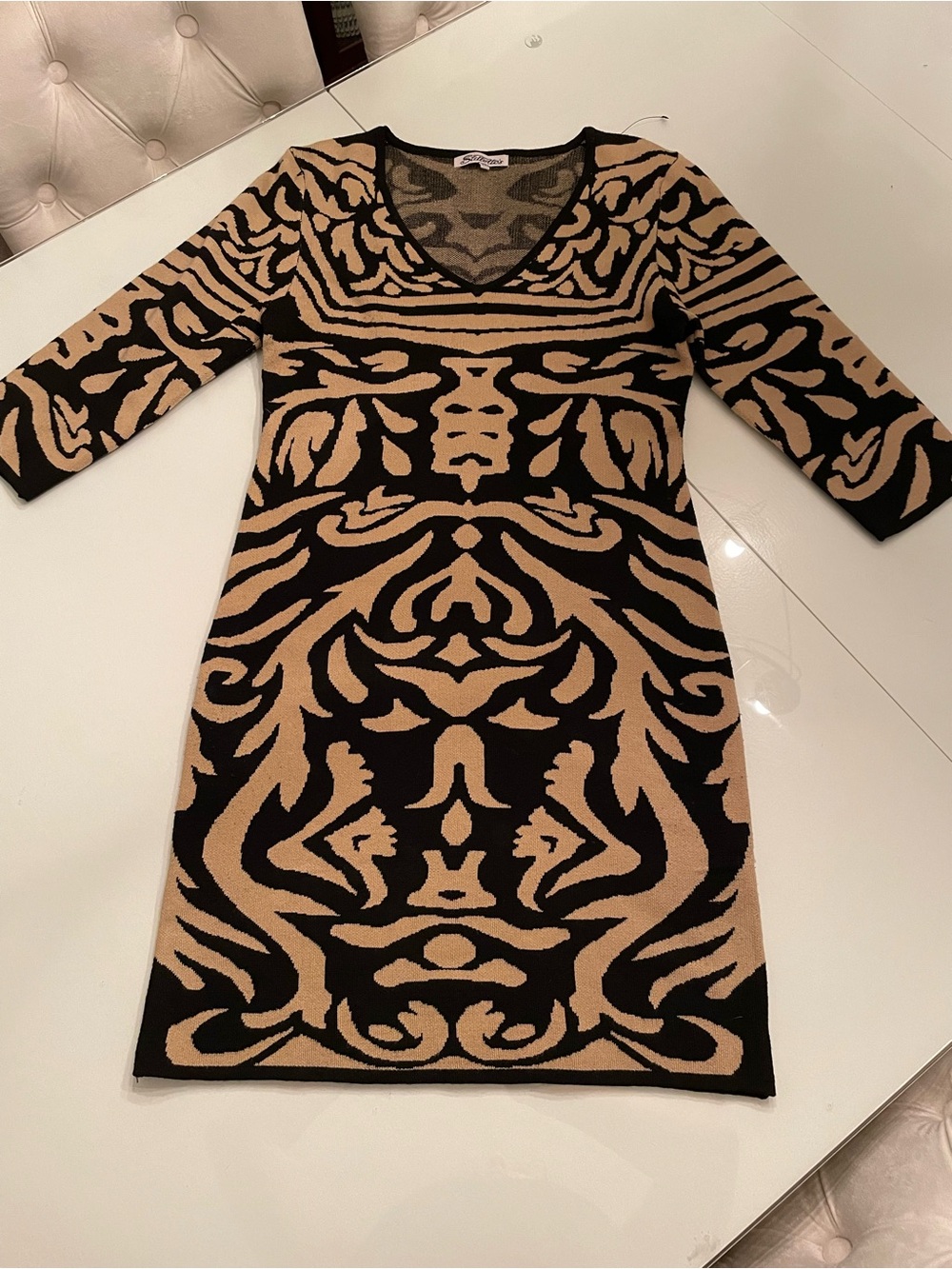 Black & Tan Patterned V-Neck Knit Dress